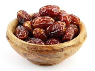 A wooden bowl filled with dates on a white surface.