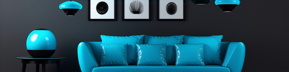 3D rendering of a blue sofa in a dark room with blue and black accents.