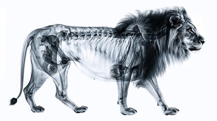 Majestic Lion in Stride: Artistic X-Ray View Revealing Skeletal Majesty
