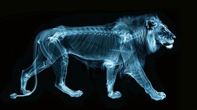 Skeletal Majesty: The Lion’s Inner Strength Revealed. Artistic X-Ray.