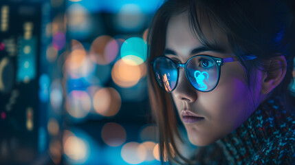 Cybersecurity Pioneer: Women in Glasses Immersed in Html Scripts, Programming, Cyber Security Research, Data Analytics, and Holographic Data Visualization