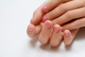 Hands of a beautiful woman on a white background. Delicate hands with natural manicure, clean skin. Light pink nails.