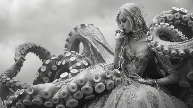 Black and white image of a beautiful woman and octopus.