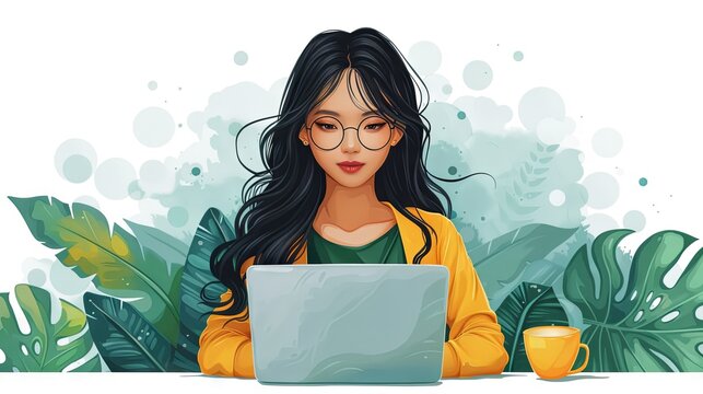 Young asian woman working on laptop against tropical leaves background. Vector illustration.