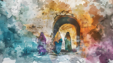 Awe-Inspiring Resurrection: A Striking Watercolor Portrayal of Three Women at the Vacant Tomb's Entrance