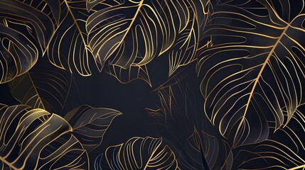 Gradient golden linear background with monstera leaves. Hand drawn luxury golden tropical leaf on dark background. Vector linear illustration of leaves for prints, banner, poster, cover, wallpaper - obrazy, fototapety, plakaty