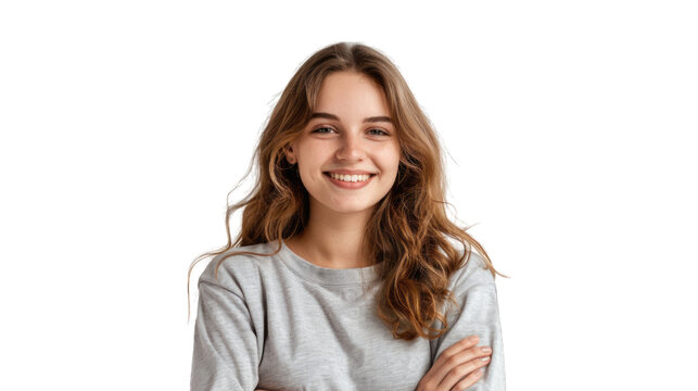 Portrait of young beautiful cute cheerful girl smiling looking at camera. PNG file of isolated cutout object on transparent background.
