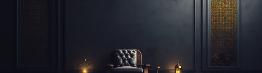 3D rendering of a dark room with a single chair and two lanterns.
