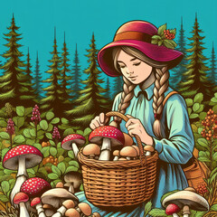 Young girl in forest with basket of mushrooms. Color image in vintage style, plakat, poster in pop art style - 762297823