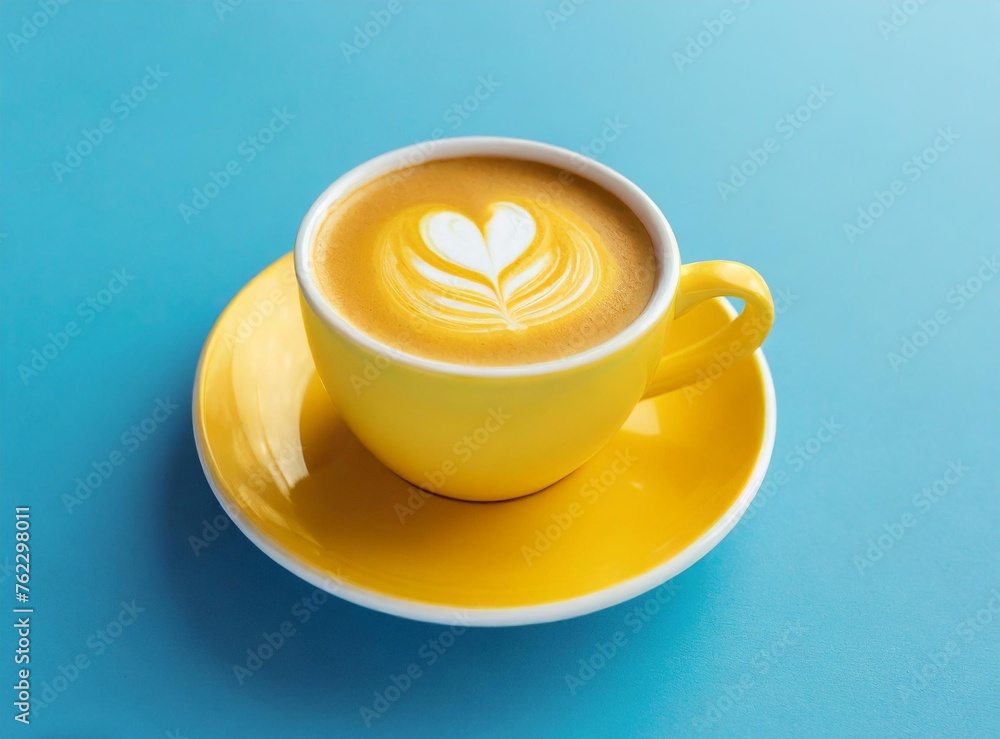 Wall mural Yellow Coffee Mug Isolated on Blue Background. 3D Rendering Illustration Design.