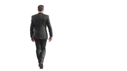 Back view of a business man holding a briefcase and walking forward. PNG file of isolated cutout object on transparent background.