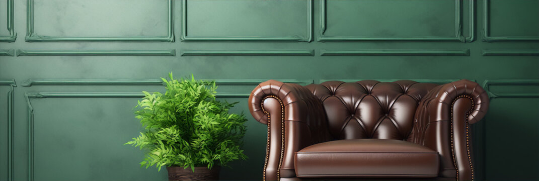 3D rendering, leather armchair, and plant in front of a green wall