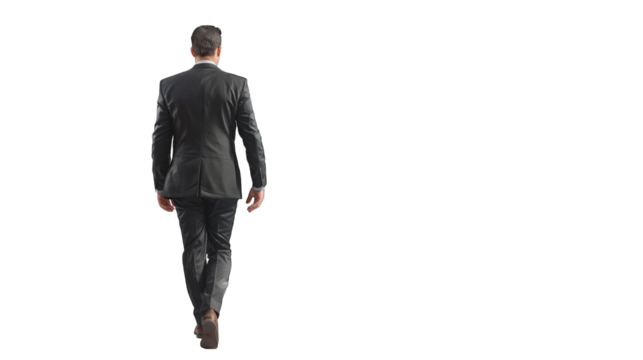 Back view of a business man holding a briefcase and walking forward. PNG file of isolated cutout object on transparent background.