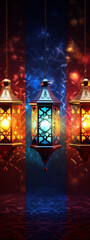Ramadan Kareem greeting card with glowing lanterns in blue, red and orange colors