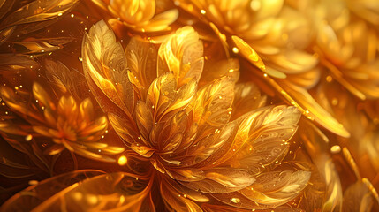Radiant Abstract Oil Art: A Dazzling Collection of Flower and Leaf Motifs in Golden Textures for...