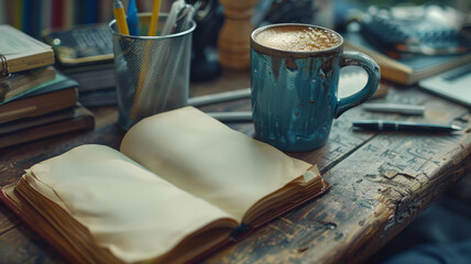 An open book next to a coffee mug on a table.