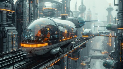 Futuristic cityscape with intelligent transport systems (ITS) seamlessly integrated into the urban fabric, showcasing AI-driven public transport and IoT-enabled smart city infrastructure.