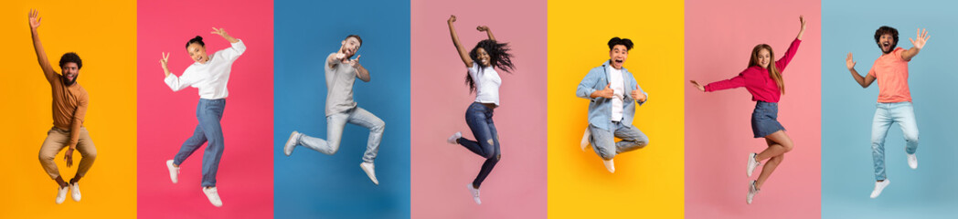 Group of excited young people mid-jump against colorful backgrounds - obrazy, fototapety, plakaty