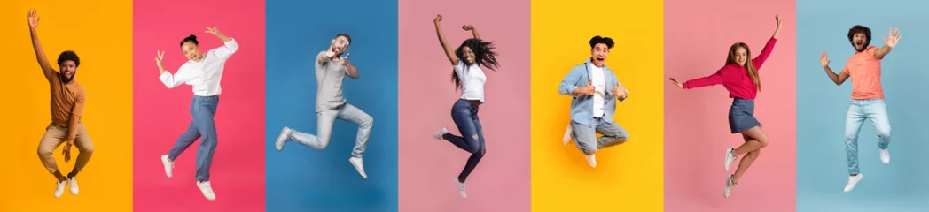 Rolgordijnen Group of excited young people mid-jump against colorful backgrounds © Prostock-studio
