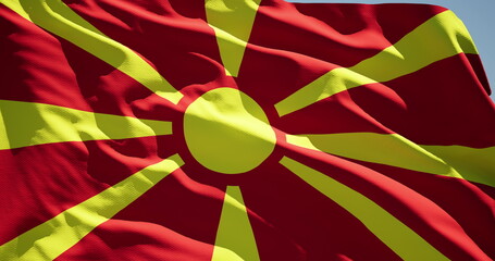 National flag of Macedonia on the flagpole. Macedonian official flag waving in the wind