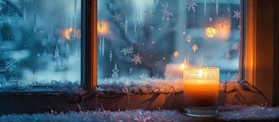 A candle is placed on a window sill overlooking a snowy landscape outside. The buildings glass reflects the soft glow as the city transforms in the winter event