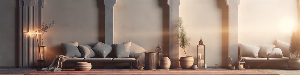 3d rendering, interior design, living room, sofa, pillows, plants, sunlight, warm colors, realistic,