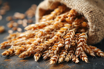The ears of wheat are on the table. The harvested wheat crop - obrazy, fototapety, plakaty