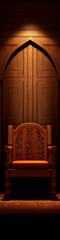 3D rendering of a wooden throne in a dark room with a spotlight.