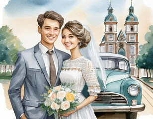 Young couple on their wedding day. A church and a car in the background. Illustration, wedding background