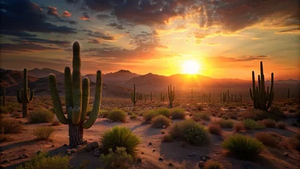 Poster Desert landscape with cactuses at sunset. © Ajay