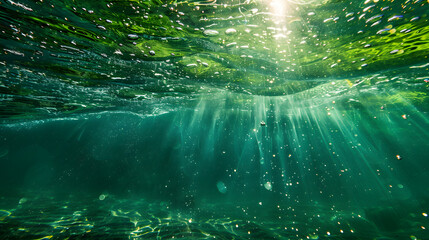 Serene Aquatic Euphony: A Translucent Green Water Surface Dance of Bubbles and Ripples in a...