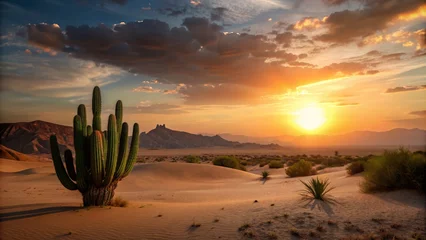 Fototapeten Desert landscape with cactuses at sunset. © Ajay