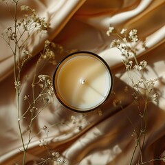 Amber glass candle casting a soft light on linen, surrounded by blooming flowers, offering a sense of warmth and rustic elegance for home interiors