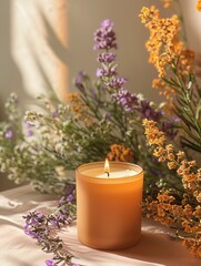 Obraz na płótnie Canvas Frosted glass candle burning amidst a vibrant array of orange and purple wildflowers, creating a natural and soothing ambiance for relaxation and home decor