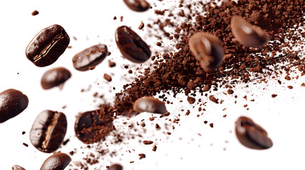 Espresso Explosion: A Vibrant Display of Arabica Grains and Roasted Coffee Beans in Burst Form Against a White Backdrop, Illustrated with Realistic Modernity