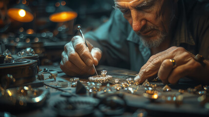 Elderly man repairing watch
