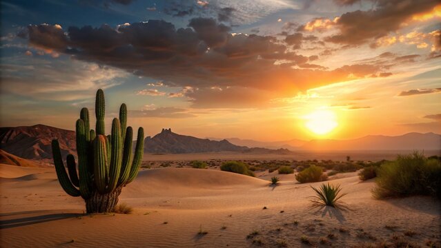 Desert landscape with cactuses at sunset.
