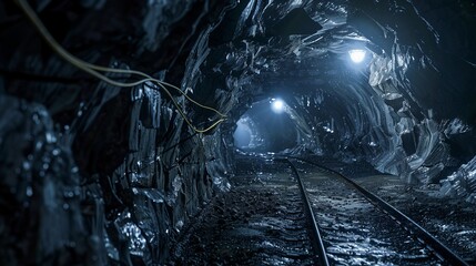 A dark backdrop featuring an underground coal mine tunnel, evoking concepts tied to industry, energy, and mining. - obrazy, fototapety, plakaty