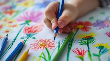 A child draws a greeting card in kindergarten for his mother for Mother's Day. A child's hand draws...