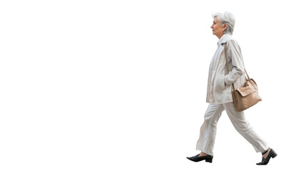 The modern elderly woman walks with a light gait. PNG file of isolated cutout object on transparent background.