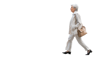 The modern elderly woman walks with a light gait. PNG file of isolated cutout object on transparent background.