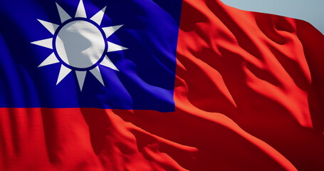 Close-up of the national flag of Taiwan fluttering in the wind on a sunny day