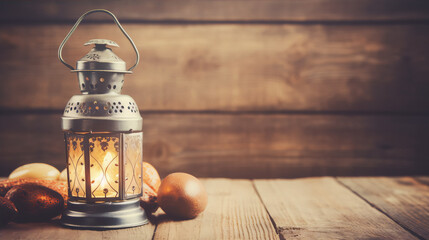 A glowing lantern and some nuts on a wooden table with a dark wood background. - obrazy, fototapety, plakaty