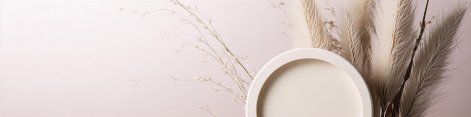 Beige and cream podium with pampas grass on a beige background.