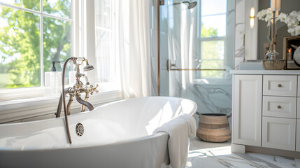 Exquisite Bathroom Oasis: An Elegant Sanctuary with Stunning Sink Design, Accessories, and a Breathtaking Window View