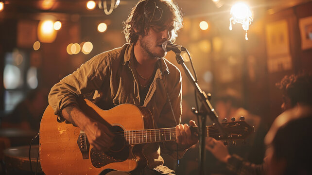 Young male musician playing guitar and singing