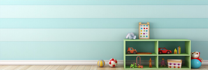 3d rendering of a childs room with toys on a shelf and a ball on the floor - obrazy, fototapety, plakaty