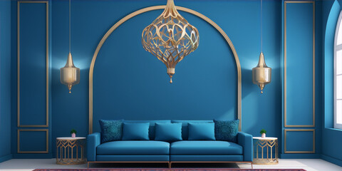3D rendering of a blue living room with sofa, golden lamp, and arched wall - obrazy, fototapety, plakaty