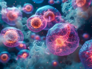 Embryonic stem cells depicted as a beacon of cellular therapy symbolize science's promise to heal and renew in a creative visual hymn - obrazy, fototapety, plakaty