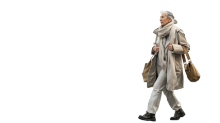 The modern elderly woman walks with a light gait. PNG file of isolated cutout object on transparent background.